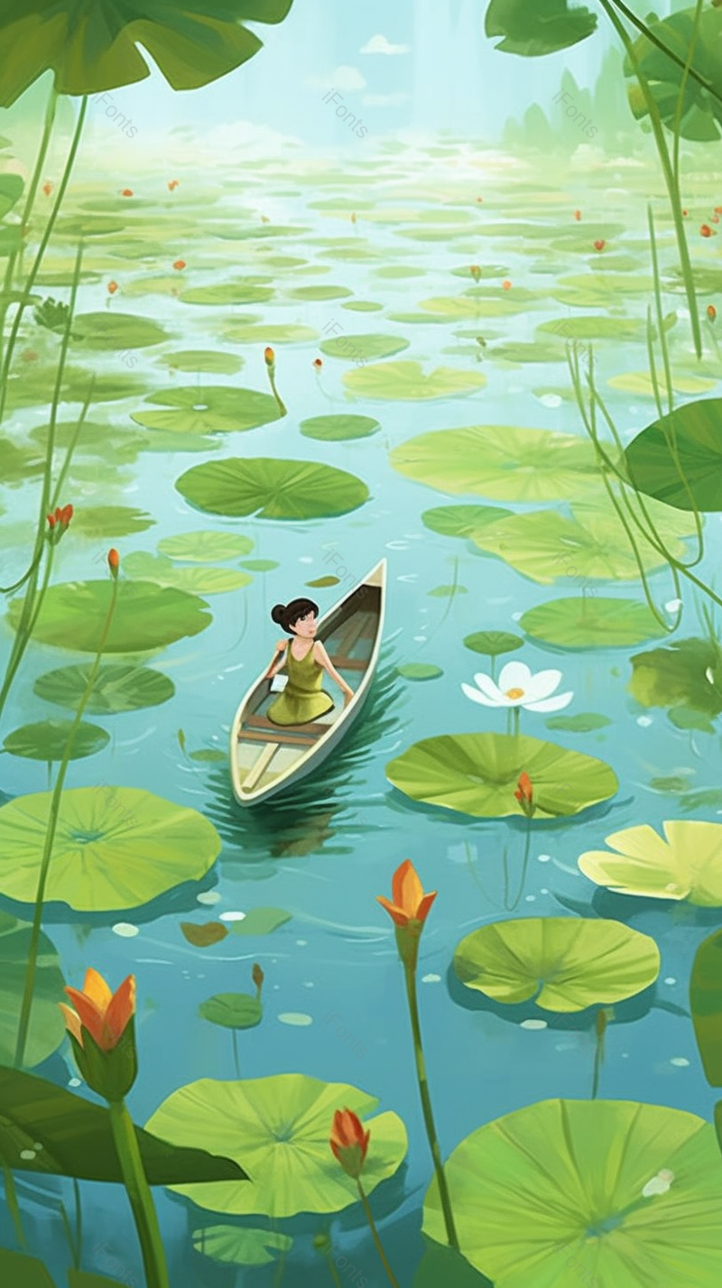 立夏绿色的夏天划船在荷叶荷花盛开的池塘里玩耍,插画/手绘图,插画/手绘图库,插画/手绘图下载,插画/手绘